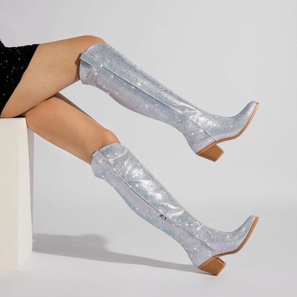Women's Silver Rhinestone Sparkly Over Knee Pointed Toe Chunky High Heel Boots - Picture 3 of 8
